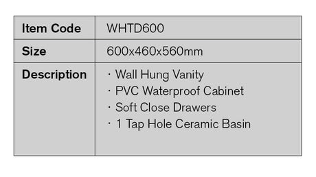 WHTD600 - 600x460x560mm Wall Hung PVC Vanity – detail view