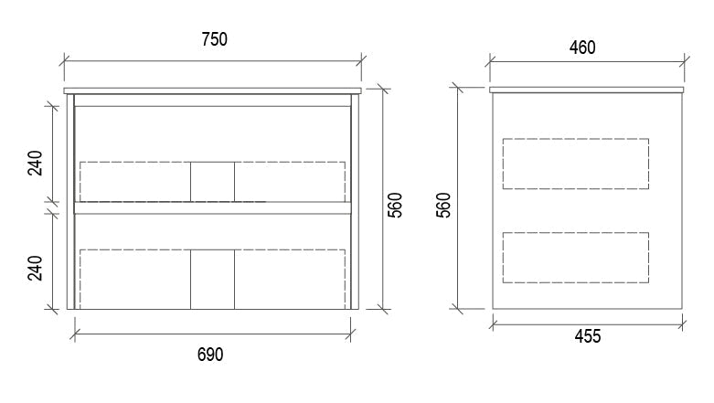 WHTD750 - 750x460x560mm Wall Hung PVC Vanity – alternate view