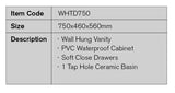 WHTD750 - 750x460x560mm Wall Hung PVC Vanity – detail view