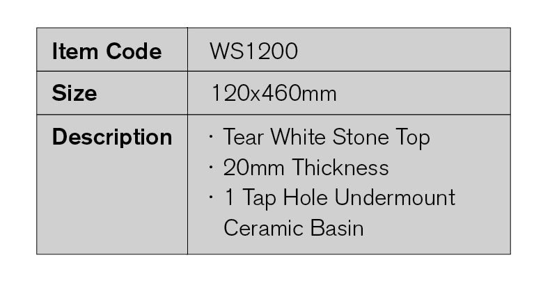 WS1200 - 1200x460mm Tear White Stone Top with Undermount Basin – detail view