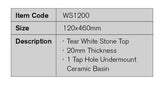 WS1200 - 1200x460mm Tear White Stone Top with Undermount Basin – detail view