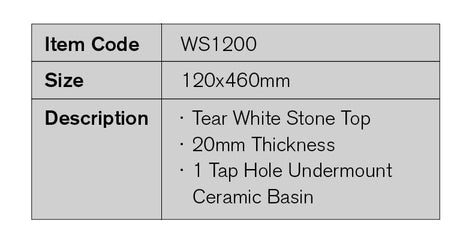 WS1200 - 1200x460mm Tear White Stone Top with Undermount Basin – detail view