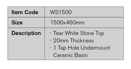 WS1500 - 1500x460mm Tear White Stone Top with Undermount Basin – detail view
