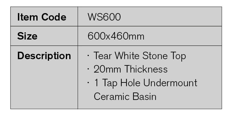 WS600 - 600x460mm Tear White Stone Top with Undermount Basin – detail view