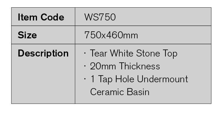 WS750 - 750x460mm Tear White Stone Top with Undermount Basin – detail view