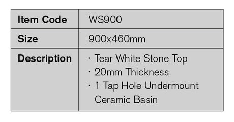 WS900 - 900x460mm Tear White Stone Top with Undermount Basin – detail view