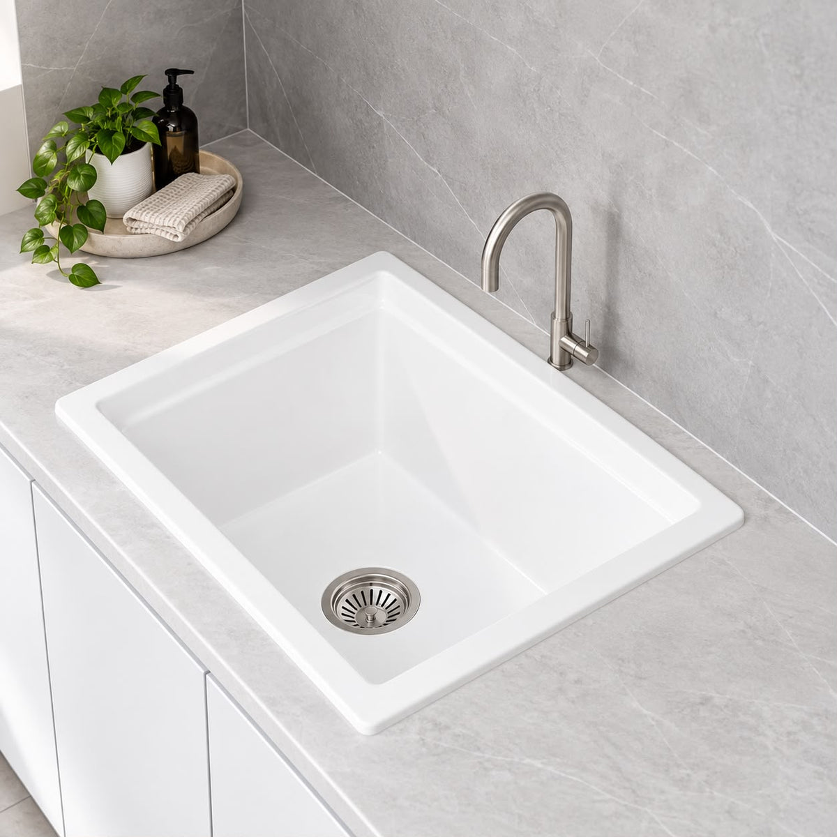 534mm Single Bowl White Granite Sink - 534 x 458 x 201mm