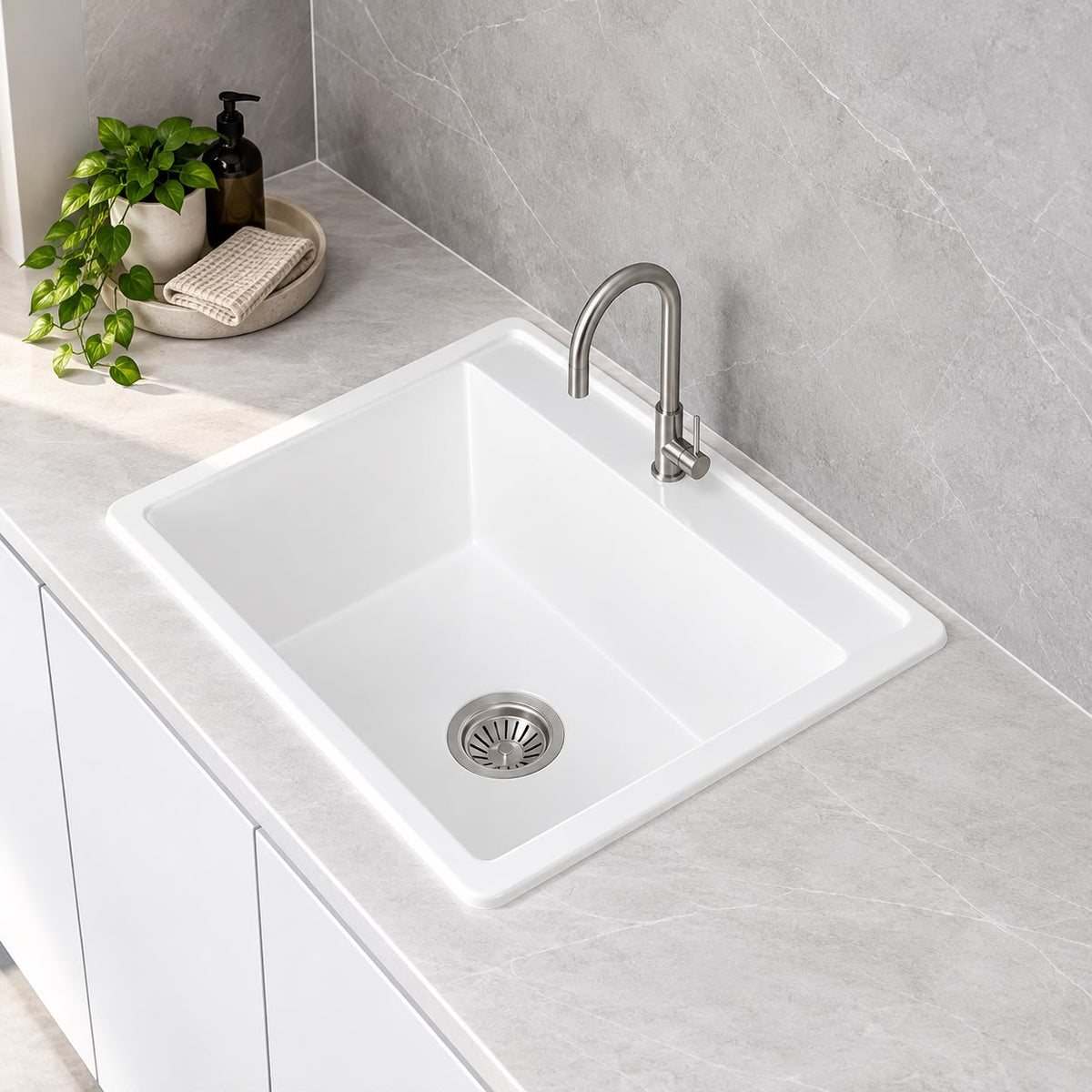 565mm Single Bowl White Granite Sink - 565 x 508 x 251mm