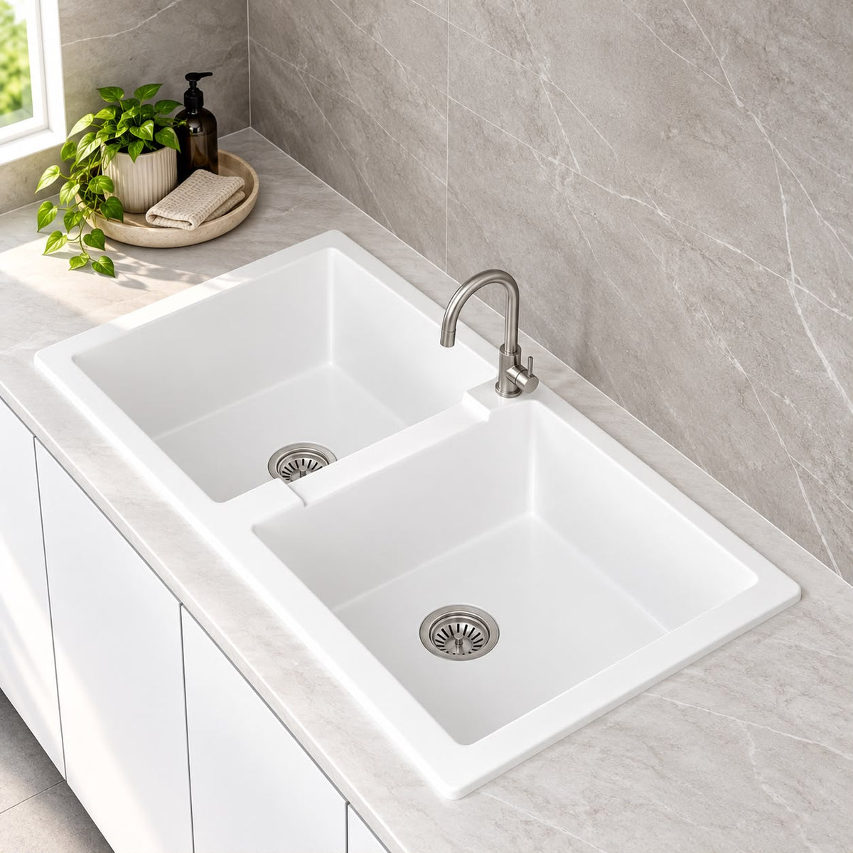 1140mm Single Bowl White Granite Sink - 1140 x 500 x 224mm