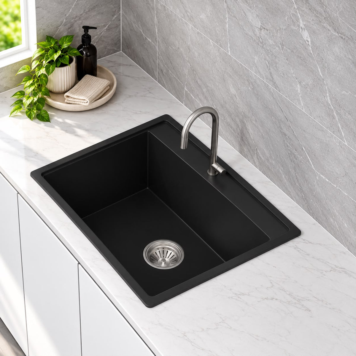 565mm Single Bowl Black Granite Sink - 565 x 508 x 251mm