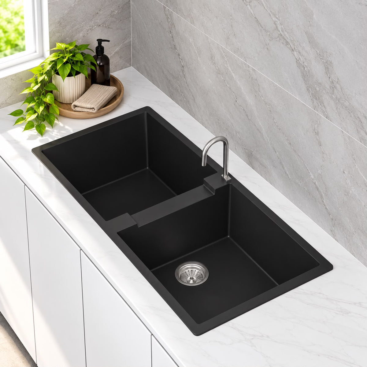 1140mm Single Bowl Black Granite Sink - 1140 x 500 x 224mm