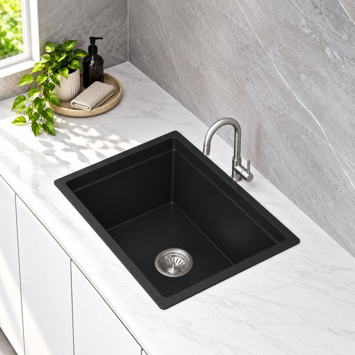 780mm Single Bowl Black Granite Sink - 780 x 510 x 210mm