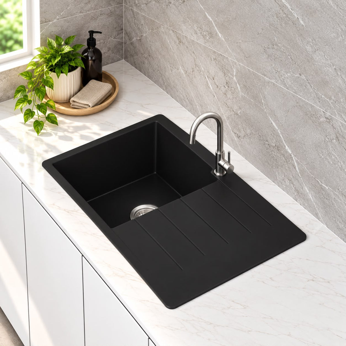 1000mm Single Bowl Black Granite Sink - 1000 x 500 x 223mm