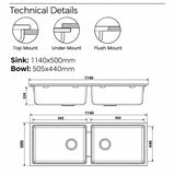 1140mm Single Bowl White Granite Sink - 1140 x 500 x 224mm