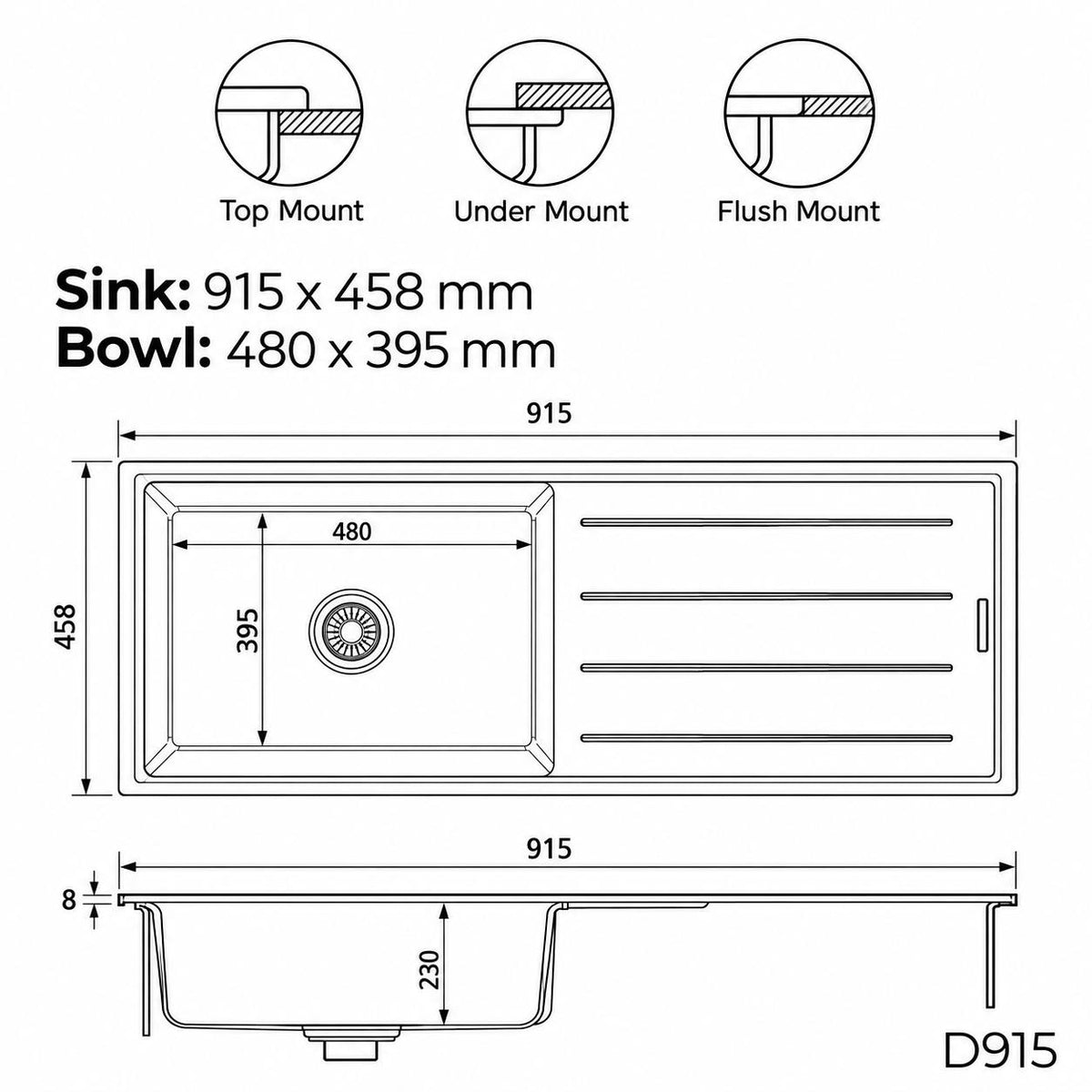 915mm Single Bowl Black Granite Sink - 915 x 458 x 230mm