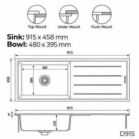 915mm Single Bowl Black Granite Sink - 915 x 458 x 230mm