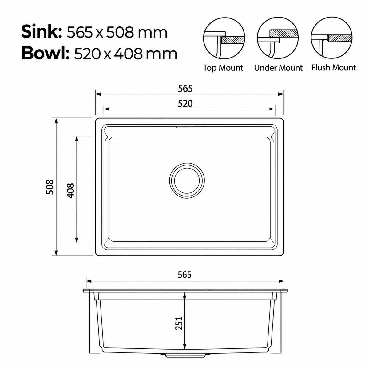 565mm Single Bowl White Granite Sink - 565 x 508 x 251mm