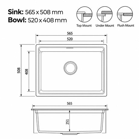 565mm Single Bowl White Granite Sink - 565 x 508 x 251mm