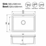 565mm Single Bowl Black Granite Sink - 565 x 508 x 251mm