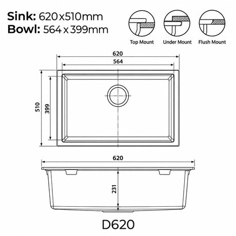 620mm Single Bowl White Granite Sink - 620 x 510 x 231mm