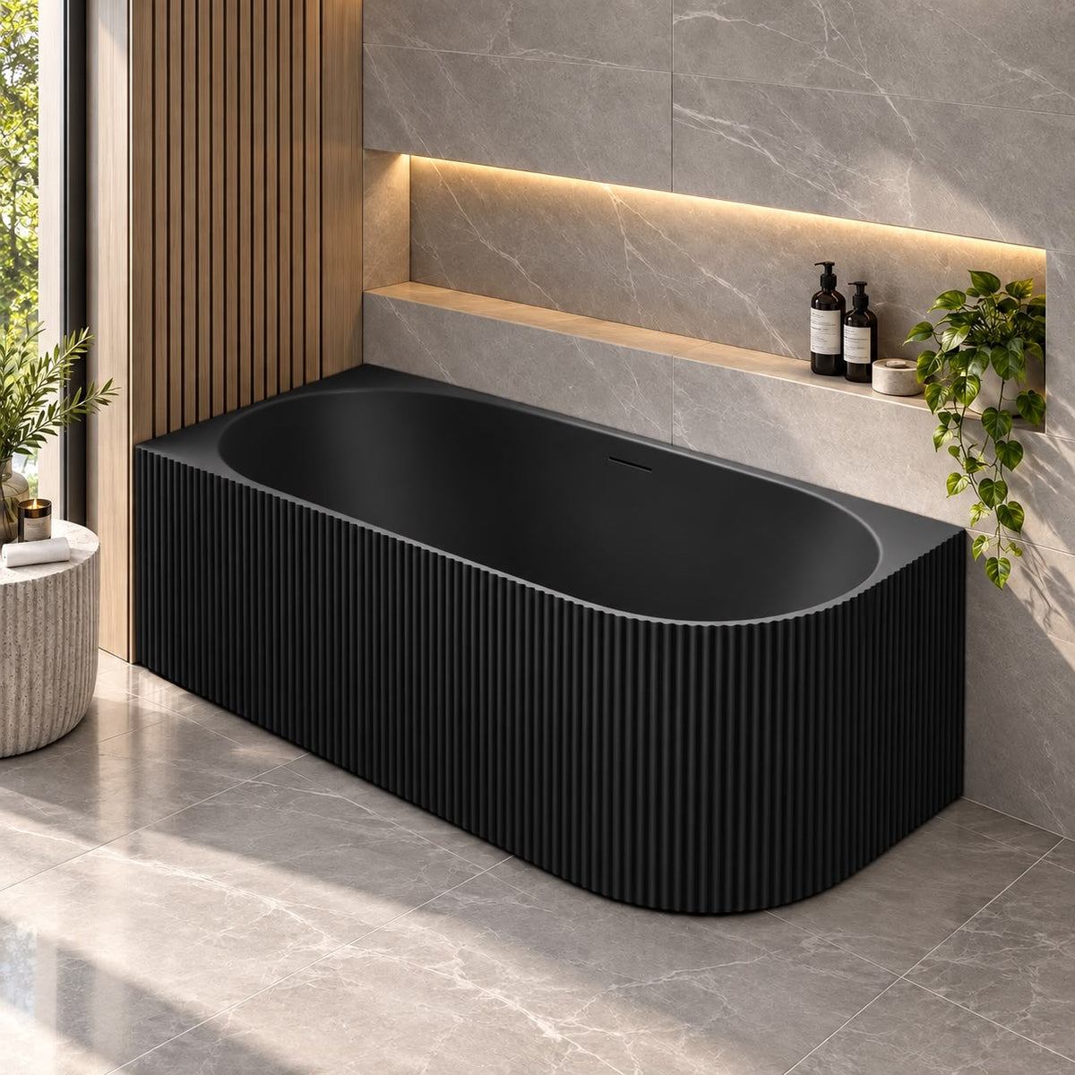 Avalon V-Groove Fluted Left-Hand Corner Matte Black Freestanding Bath - 1500mm