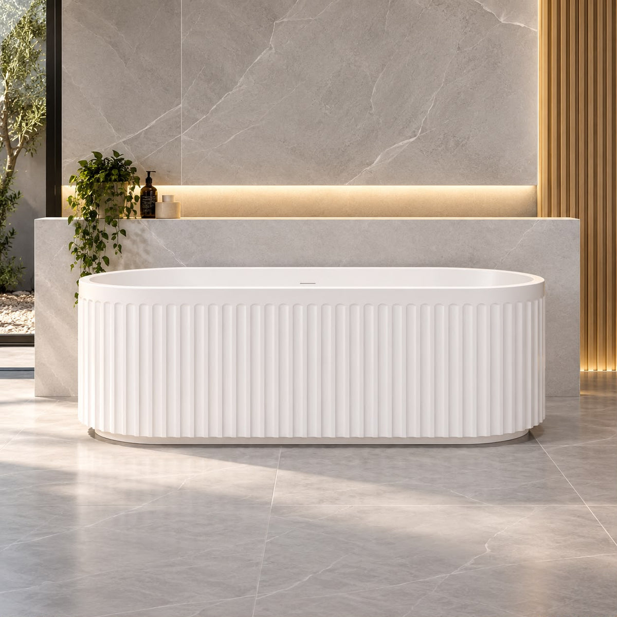 Artemus Fluted Matte White Back to Wall Freestanding Bath - 1700mm