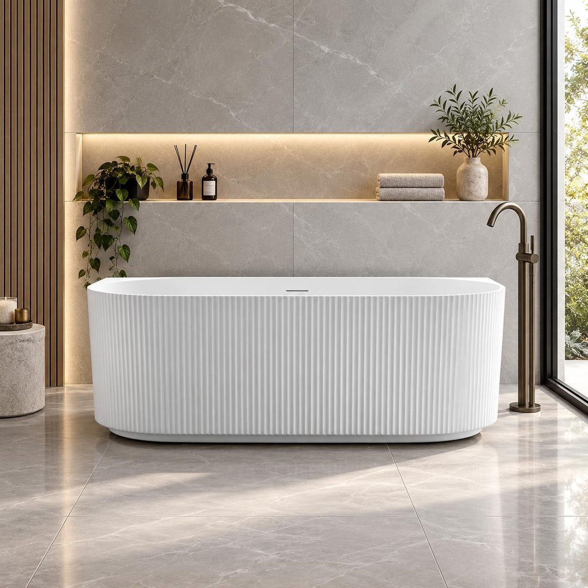 Avalon V-Groove Fluted Back-To-Wall Matte White Freestanding Bath - 1500mm