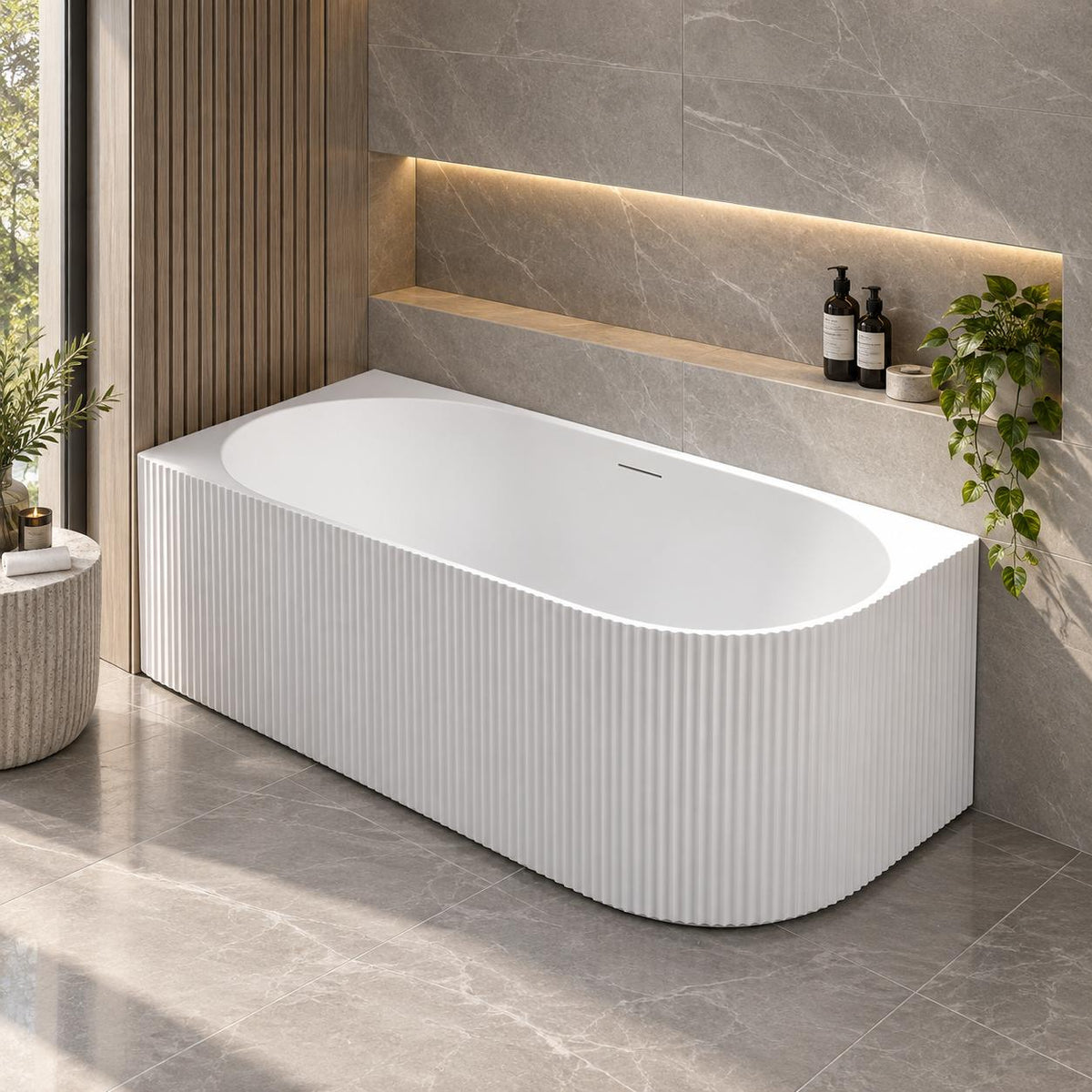 Avalon V-Groove Fluted Left-Hand Corner Matte White Freestanding Bath - 1700mm