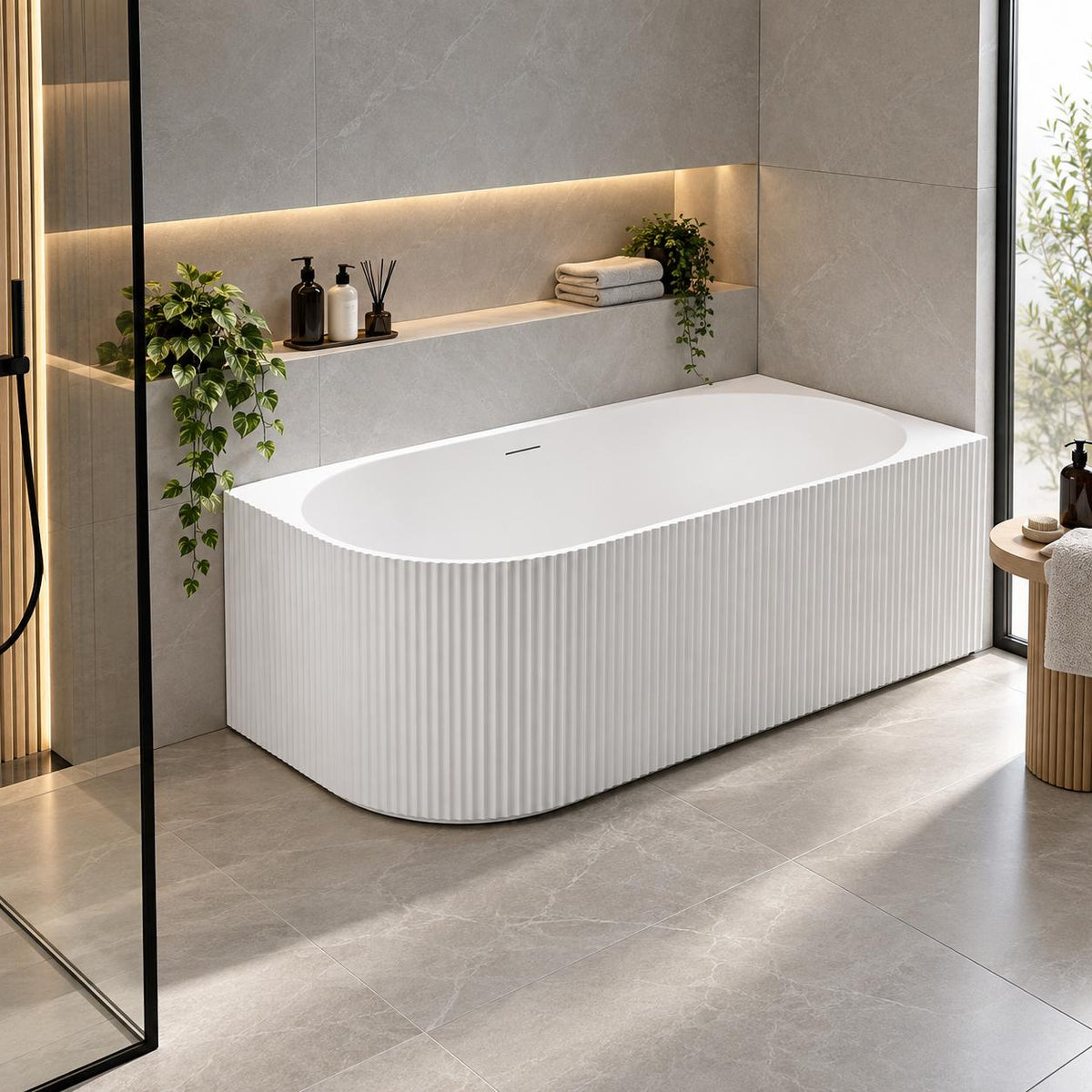 Avalon V-Groove Fluted Right-Hand Corner Matte White Freestanding Bath - 1500mm