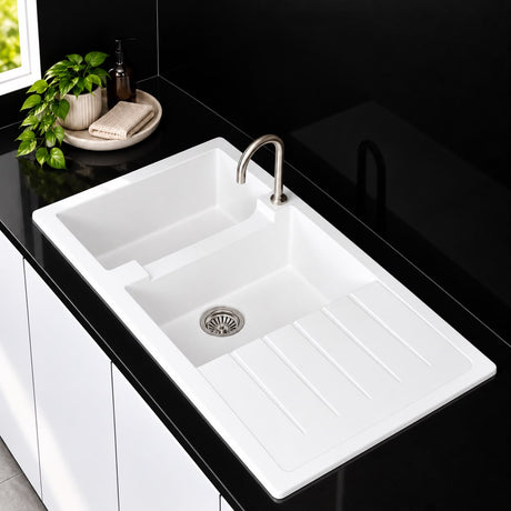 1160mm Single Bowl White Granite Sink - 1160 x 50 x 231mm