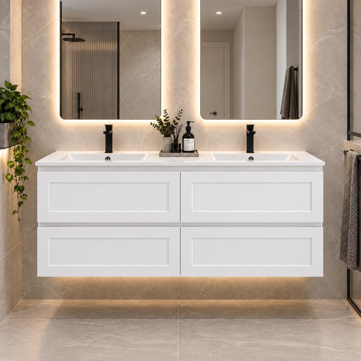 Fremantle 1200mm All Draw Wall Hung Vanity Matte White Double Bowl - 1200x475x545