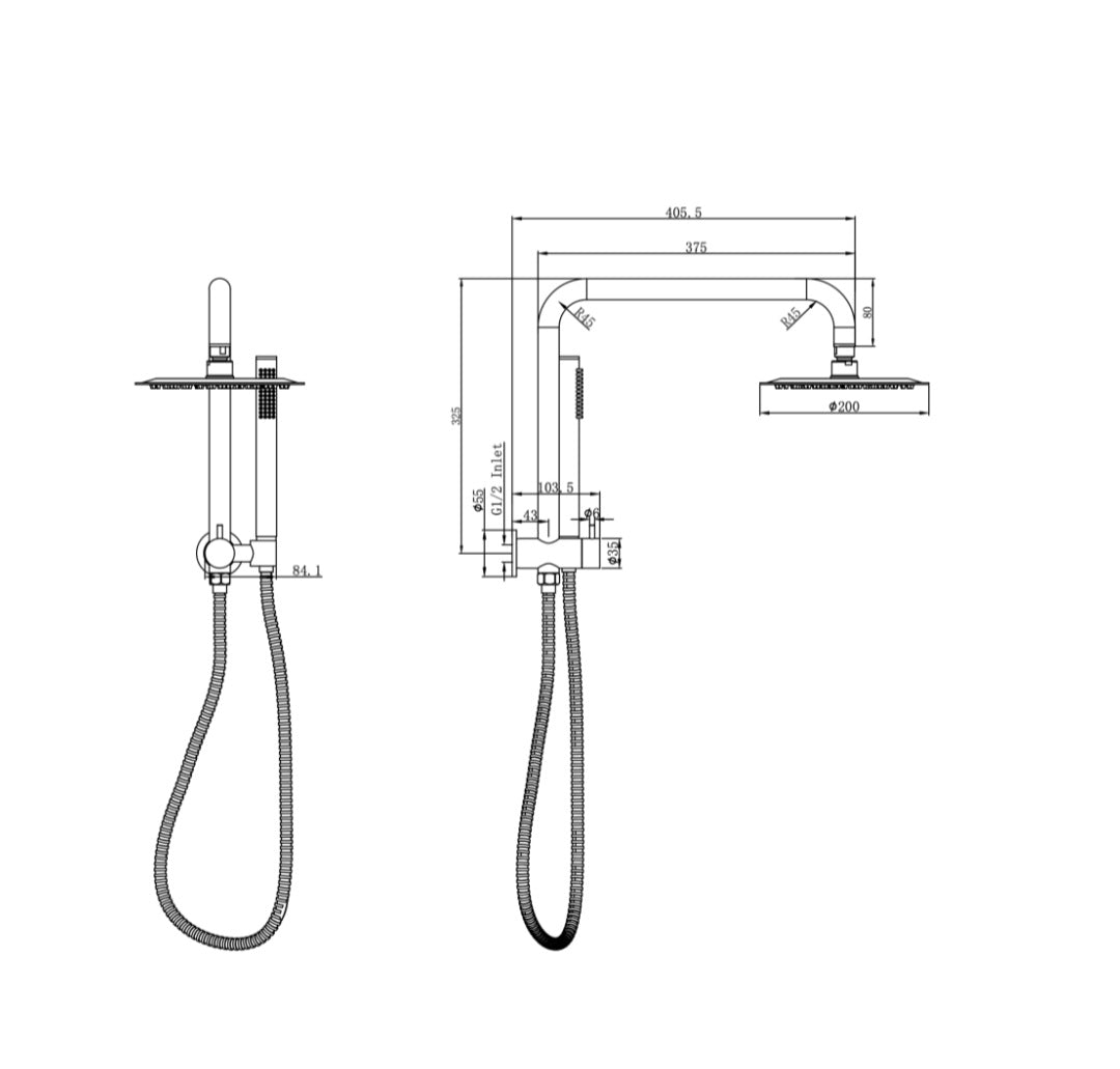 Linsol Sofia 200mm Shower Head on Half rail - Microphone Slim Handshower