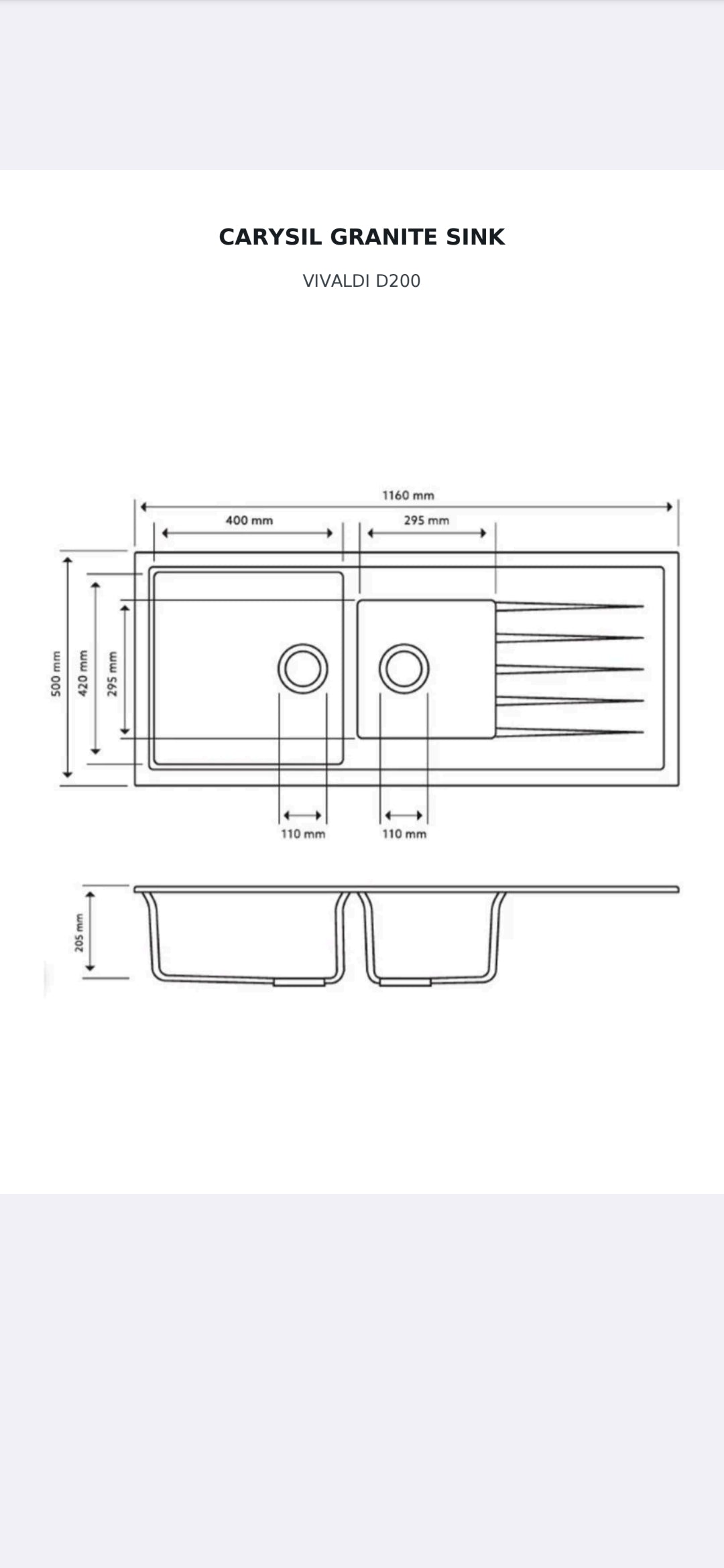 Carysil Vivaldi D200 - 1160 x 500 x 205mm