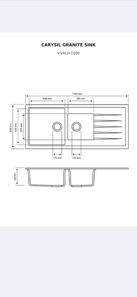 Carysil Vivaldi D200 - 1160 x 500 x 205mm