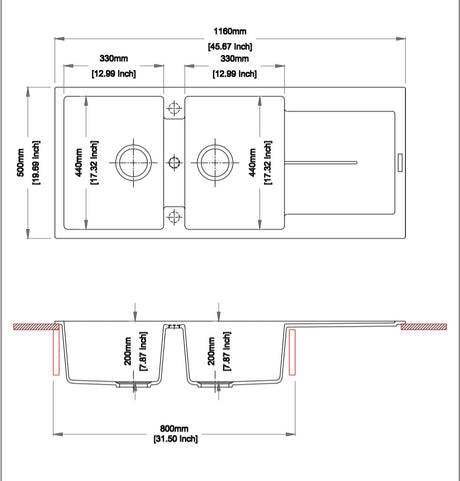 Carysil Jazz D200 - 1160 x 500 x 210mm