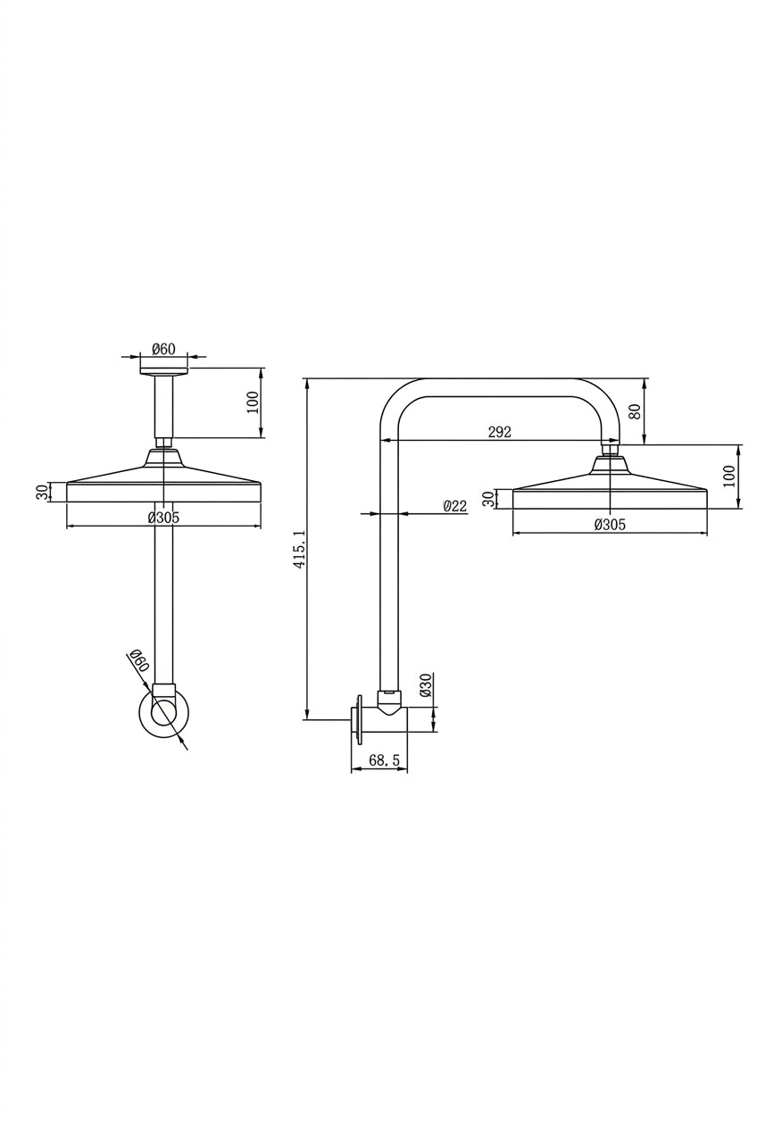 Amoza Premium Gooseneck Shower Arm and Head 300mm