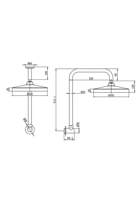 Amoza Premium Gooseneck Shower Arm and Head 300mm