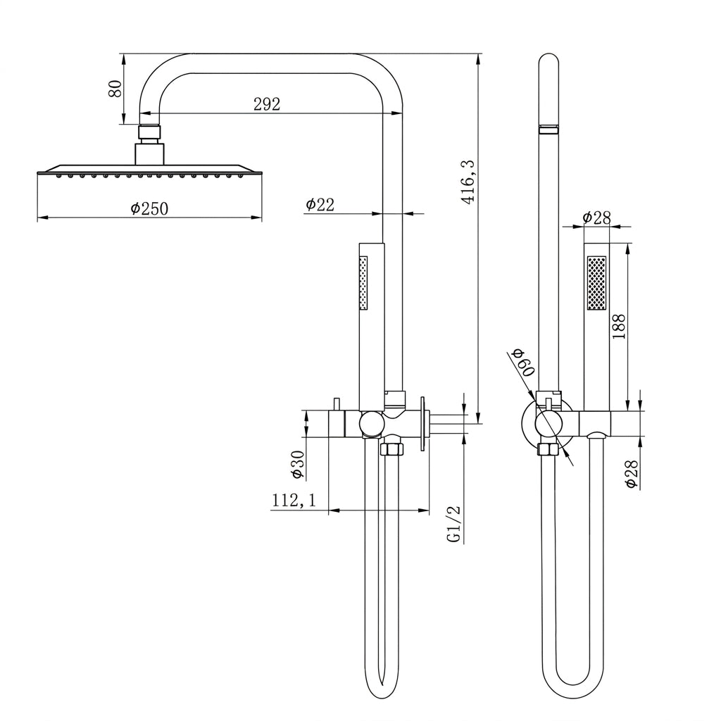 Amoza Twin Shower on Half Rail - 250mm Head