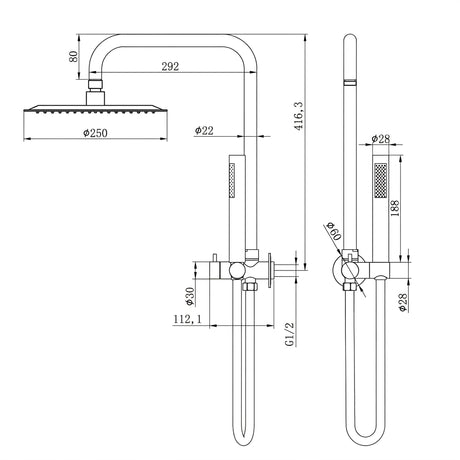 Amoza Twin Shower on Half Rail - 250mm Head