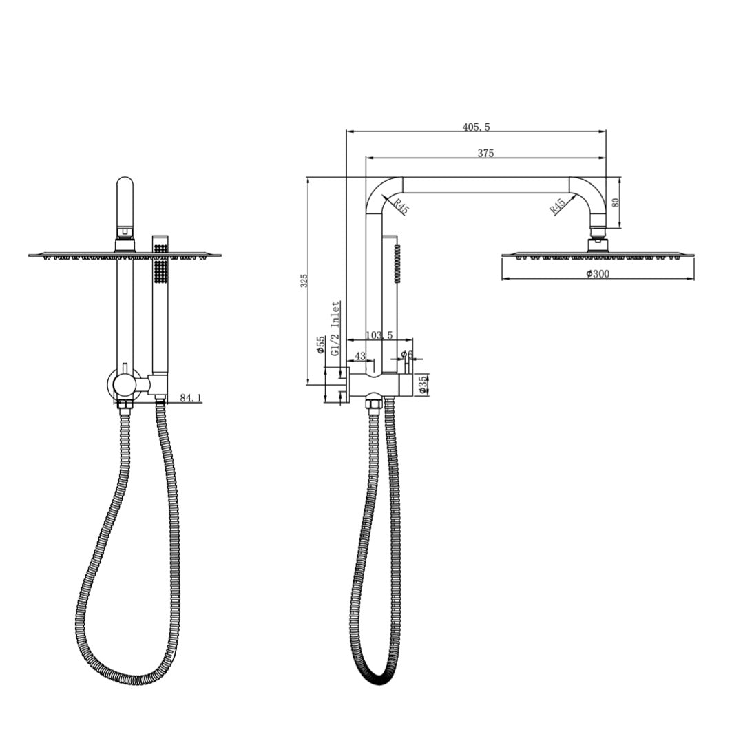 Linsol Sofia 300mm Shower Head on Half rail - Microphone Slim Handshower