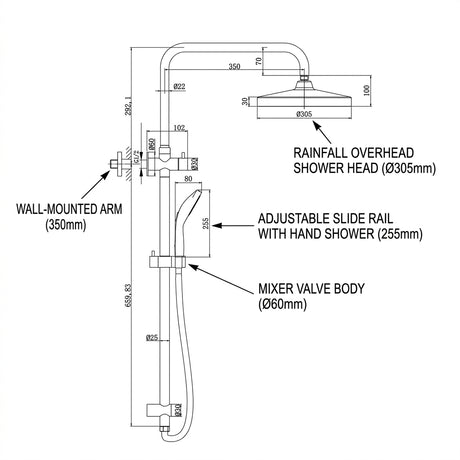 Amoza Premium Twin Shower on Full Rail 5 Function - 300mm Head
